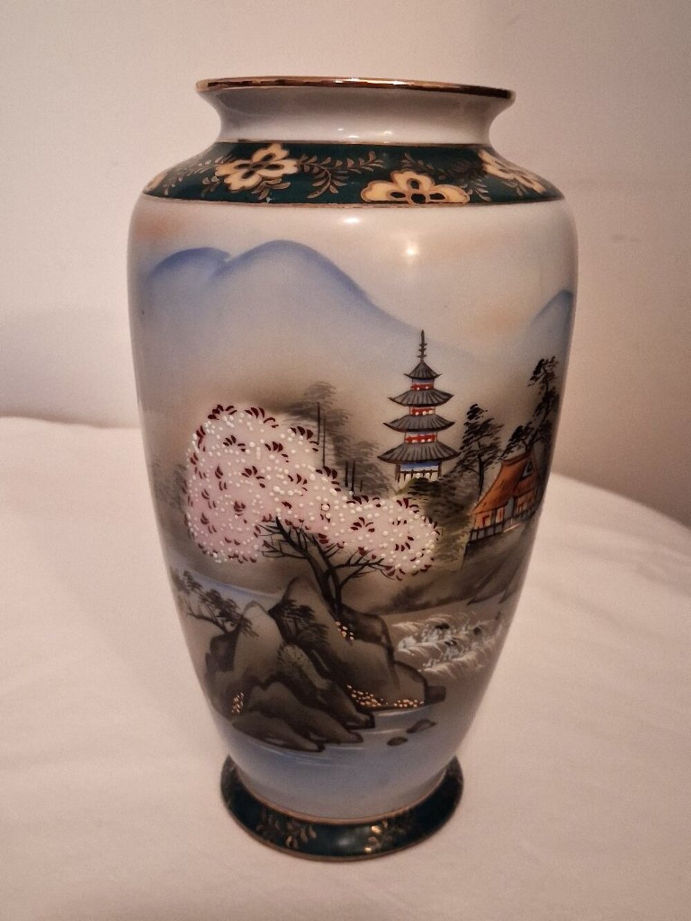 Vintage Hand-Painted Japanese Vase Pagoda & Cherry Blossom & Mountains Gold Trim